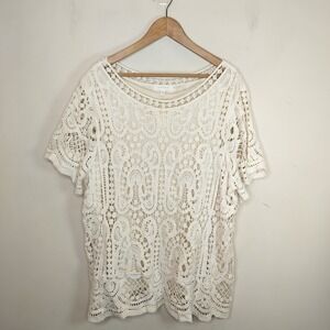 Adiva Crochet Knit Top Short Sleeve Ivory Boho Chic